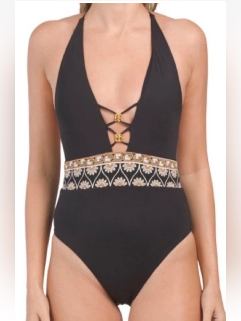 Sunshine 79 Flower V-Plunge One Piece Swimsuit Black Size 8